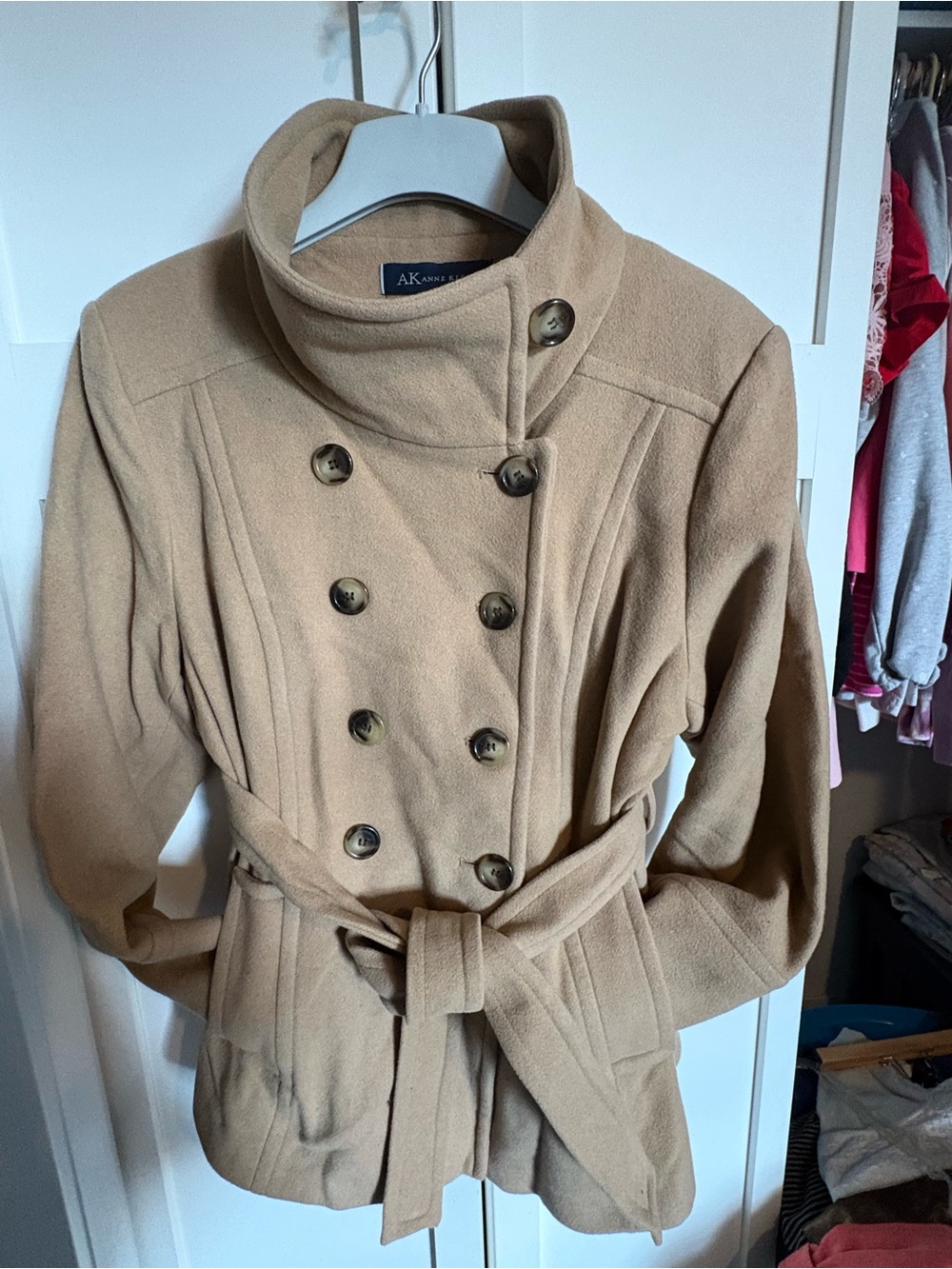Anne Klein Camel Double-Breasted Belted Pea Coat
